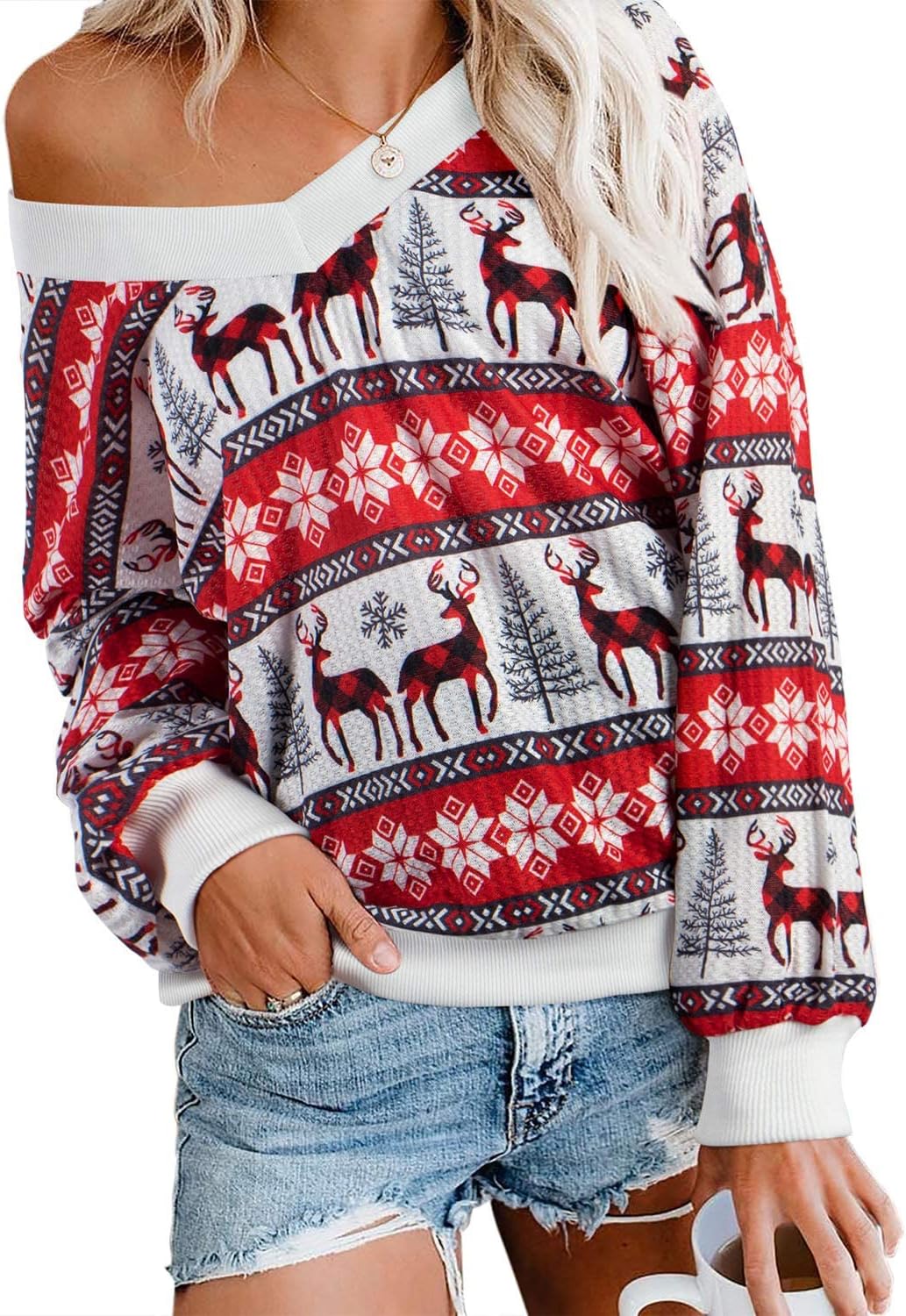 VILOVE Long Sleeve Ugly Christmas Sweatshirt - Festive Off Shoulder Style