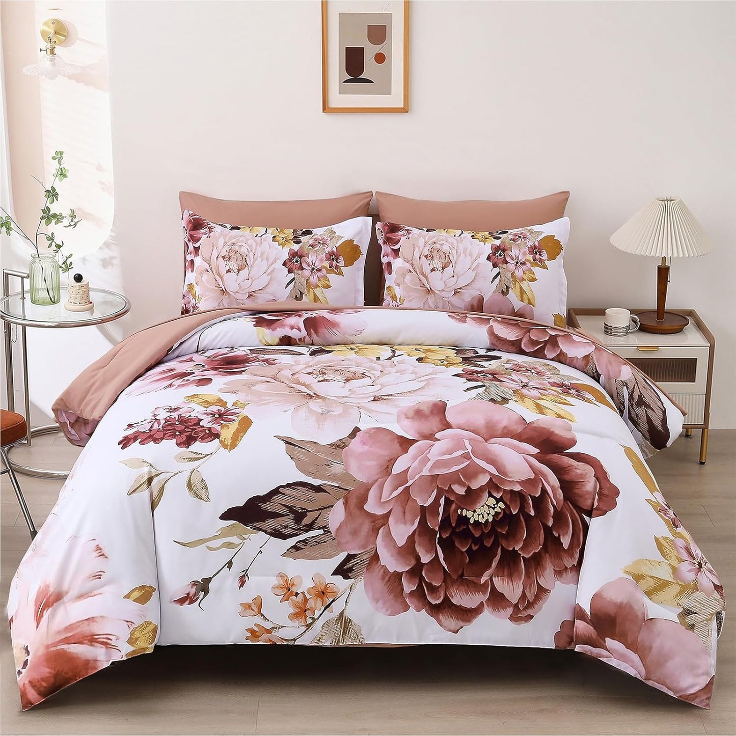 Blush Floral Comforter Set Queen Size 7 Pieces for All Seasons