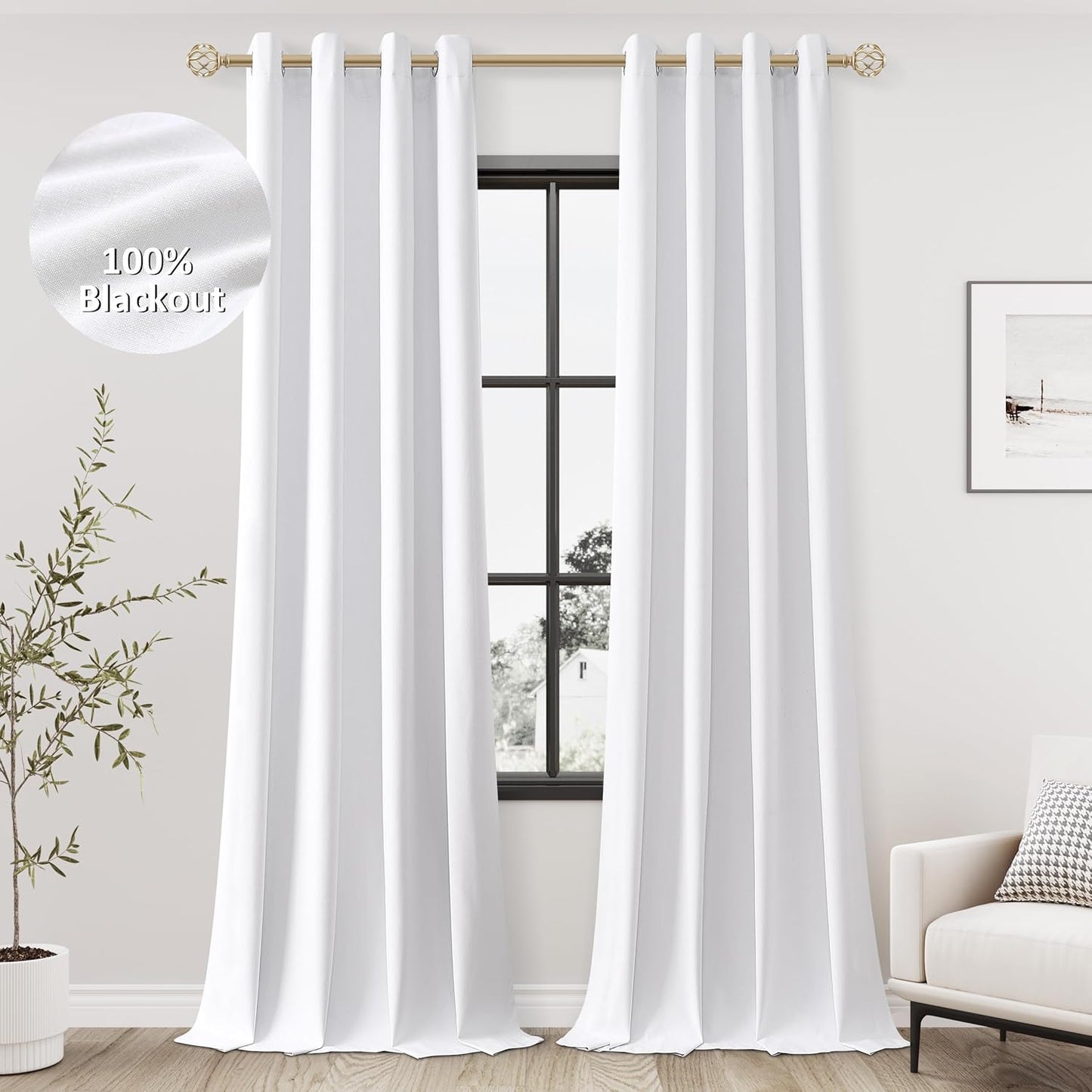 White Linen Blackout Curtains 108 Length for Living Room