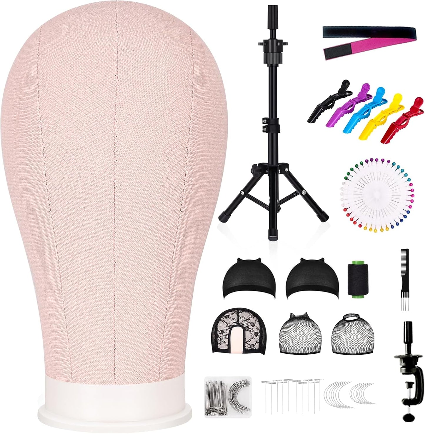 22 Inch Canvas Wig Head Mannequin with Tripod Stand Set