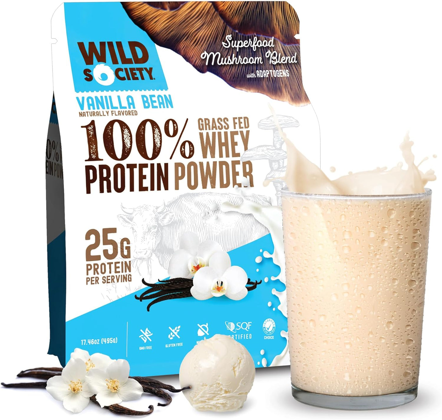 Premium 100% Grass Fed Whey Protein Powder with Mushrooms