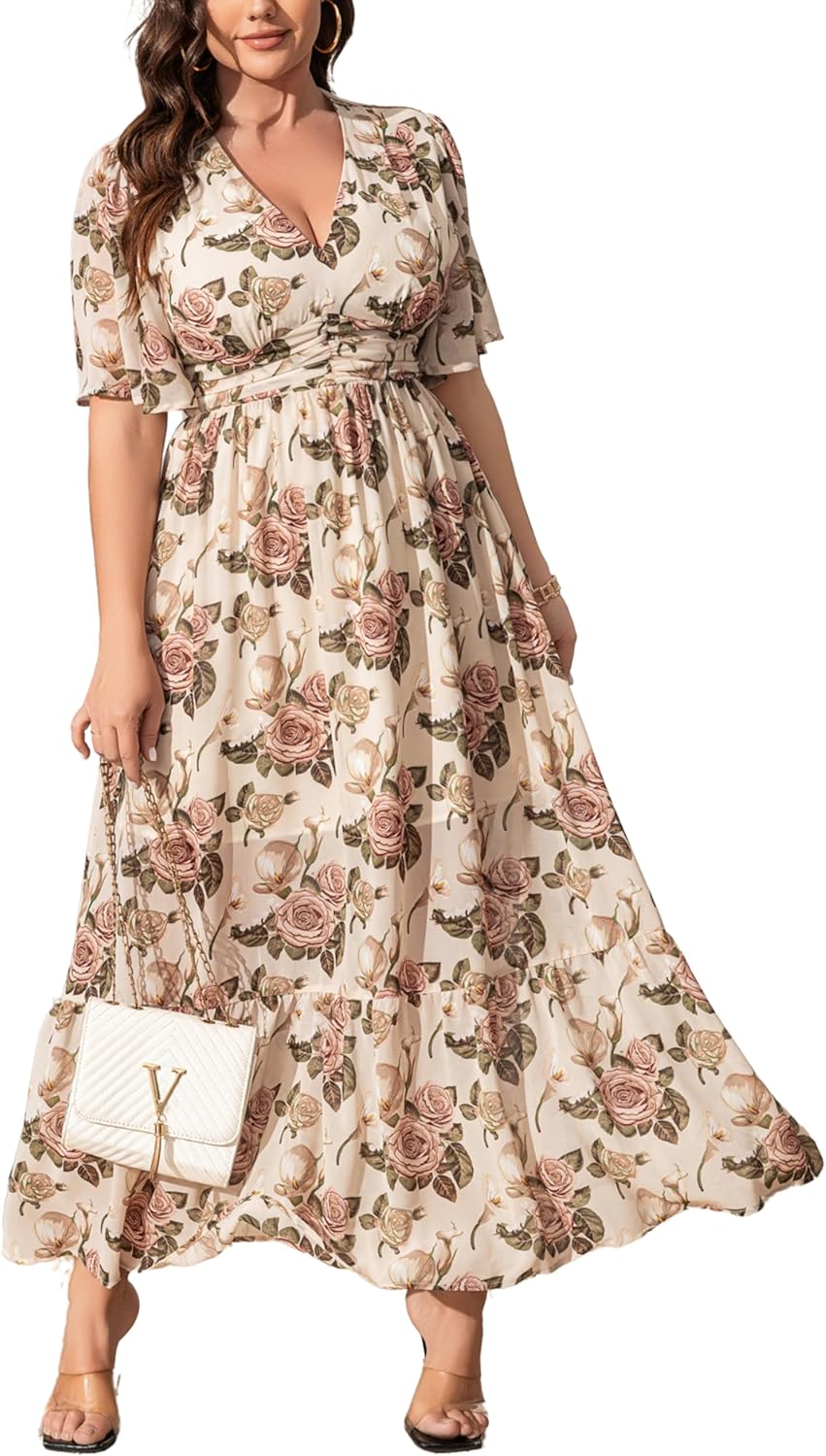 Women's Floral Summer Dress V Neck Boho Plus Size Beach Party