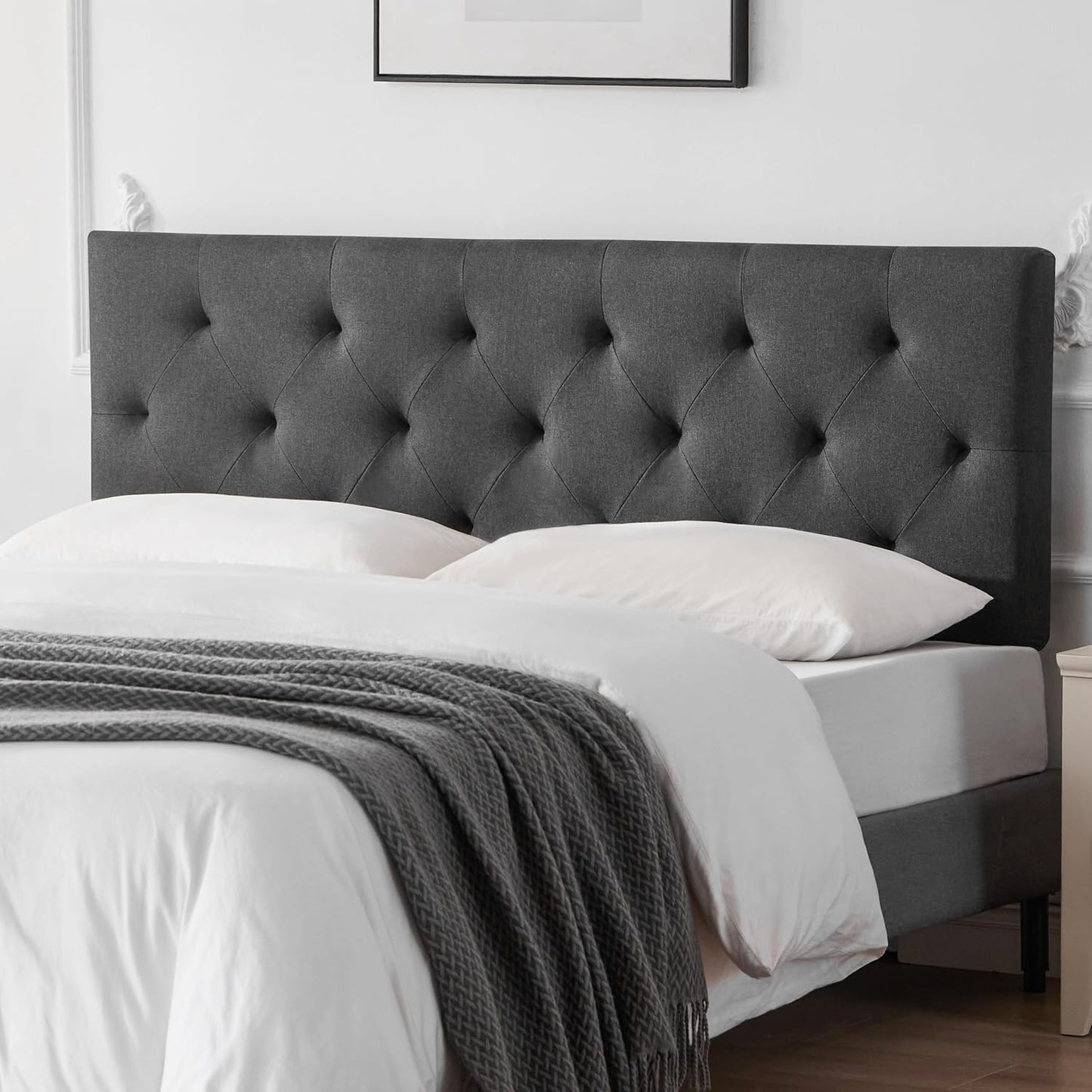 Linen Fabric Upholstered Headboard Queen Size with Diamond Tufting