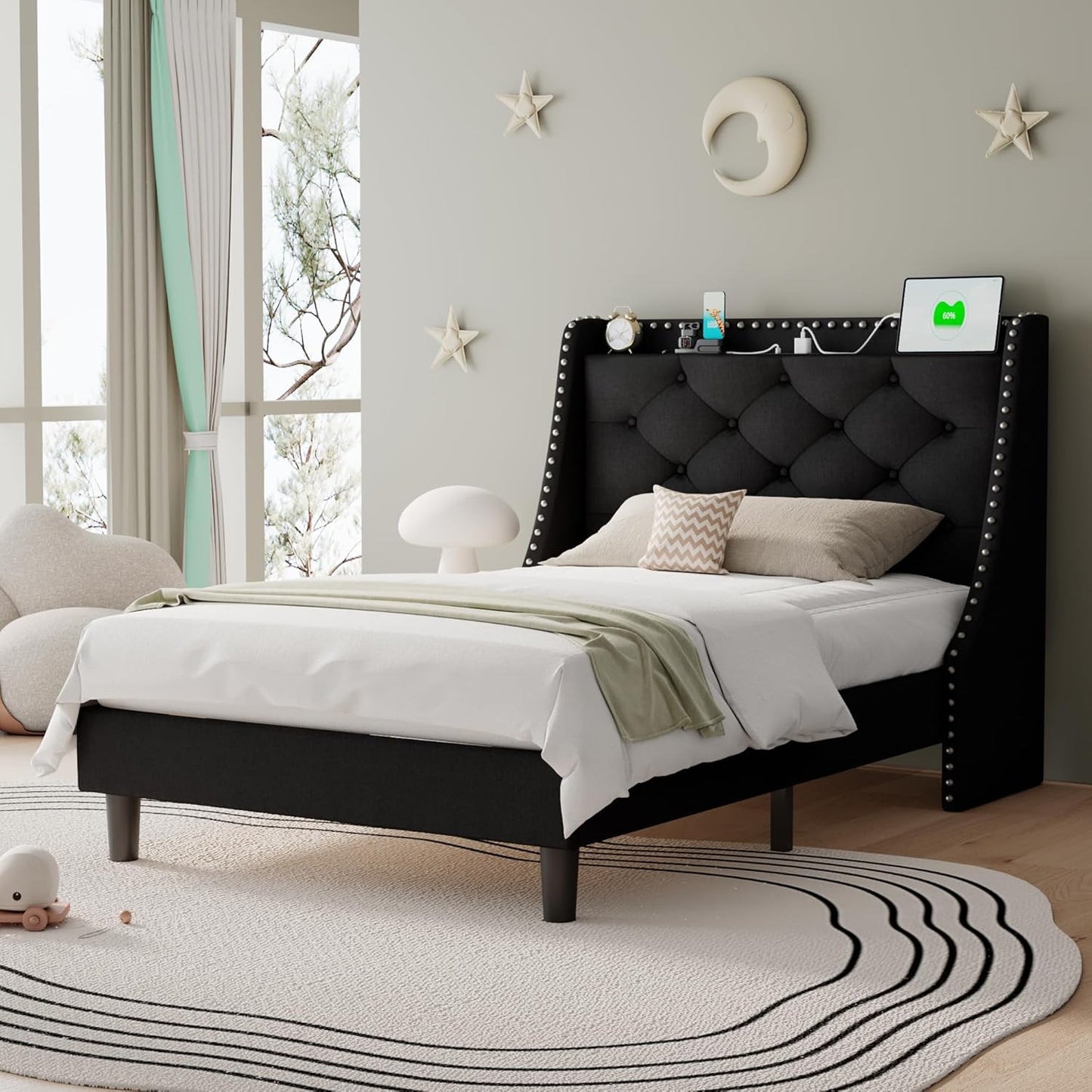 Twin Size Bed Frame with Wingback Storage Headboard and Ports