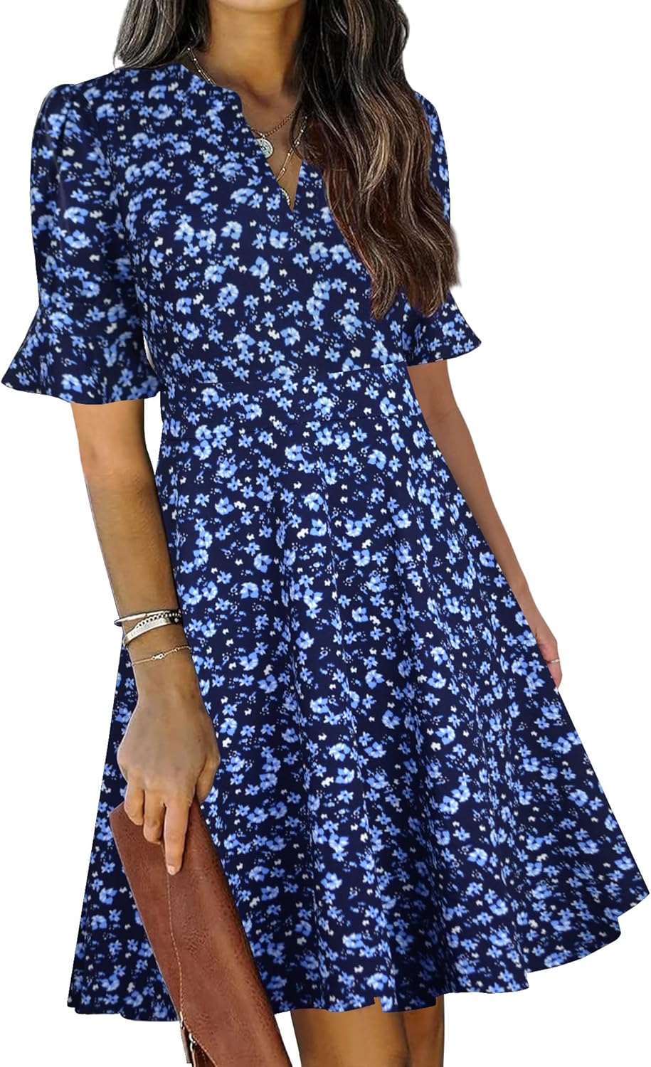 Mokayee Womens Summer V Neck Ruffle Short Sleeve Dress