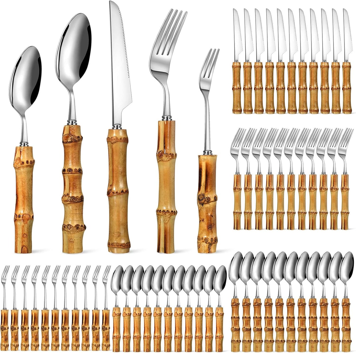 Eboot Bamboo Silverware Set for 12 People - 60 Pieces