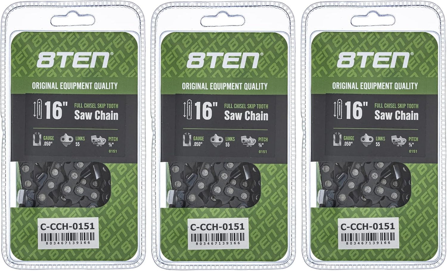 8TEN Full Chisel Skip Tooth Chainsaw Chain 16 Inch 3 Pack