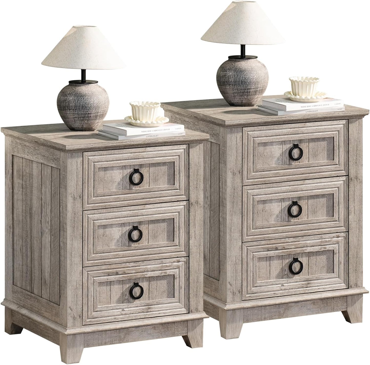 Farmhouse Night Stand Set of 2 with 3 Drawers for Storage