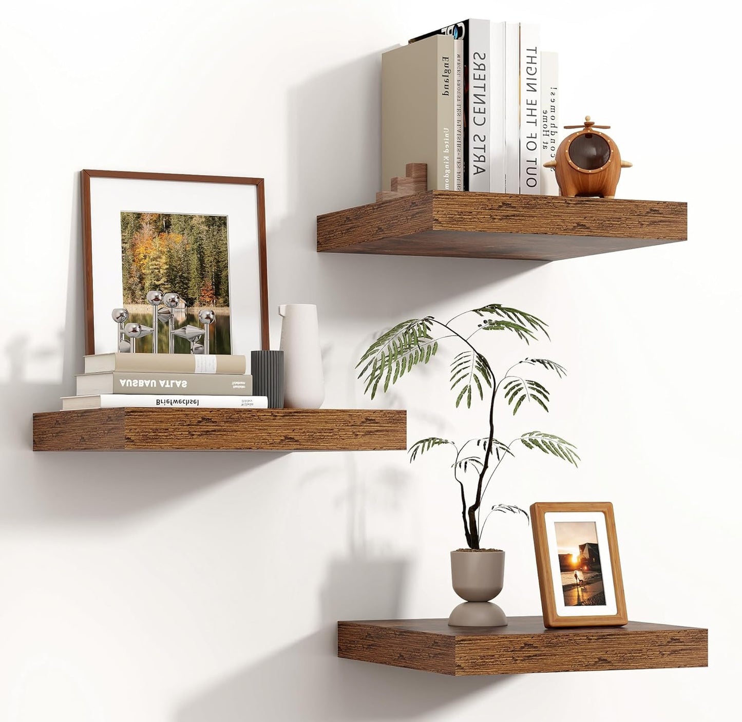 Square Floating Shelves for Wall, Rustic Brown, 3 Pack