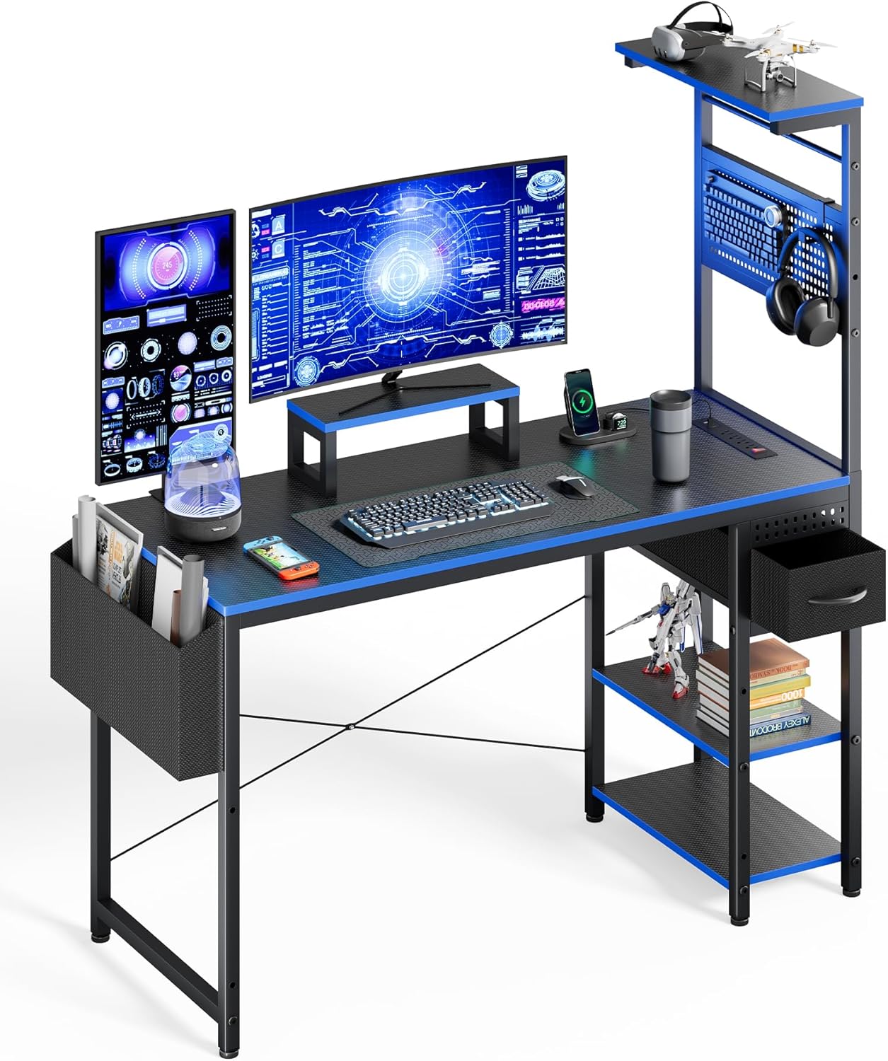 47 Inch Gaming Desk with Adjustable Storage Rack & LED Lights