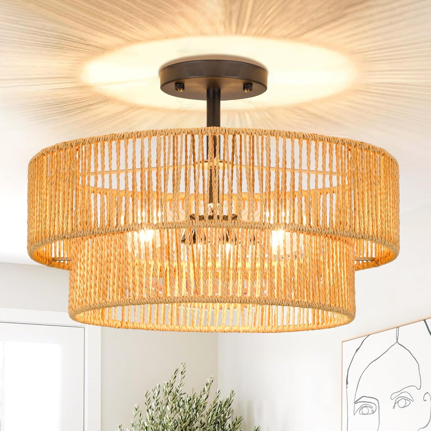 Rattan Ceiling Light Fixture for Boho Style Home Decor