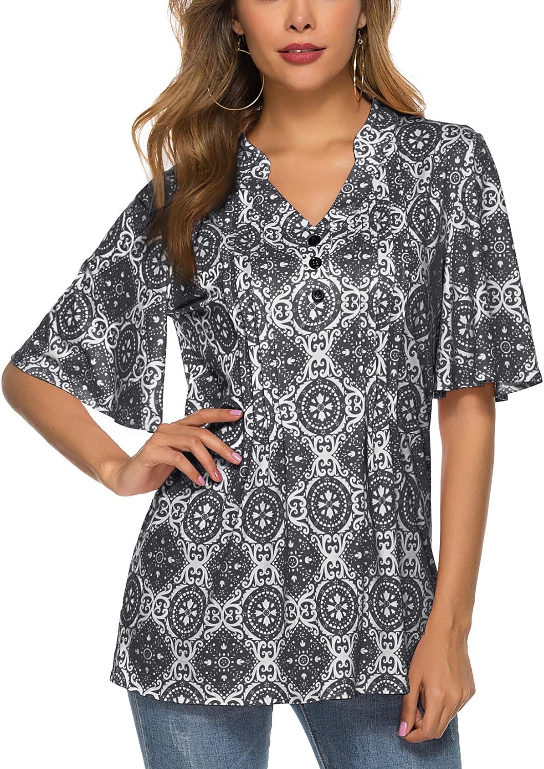 HOCOSIT Women's Floral Print Ruffle Sleeve V Neck Tunic Tops