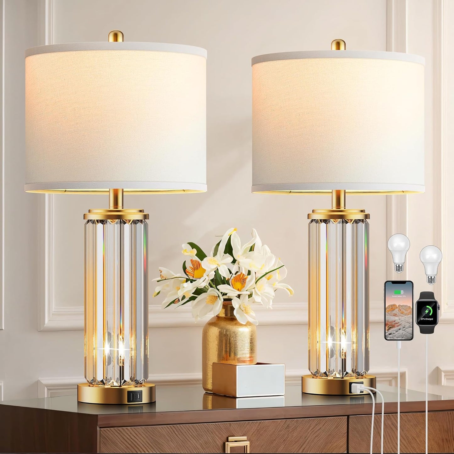 QiMH Gold Table Lamps for Bedroom Set of 2 with Nightlight