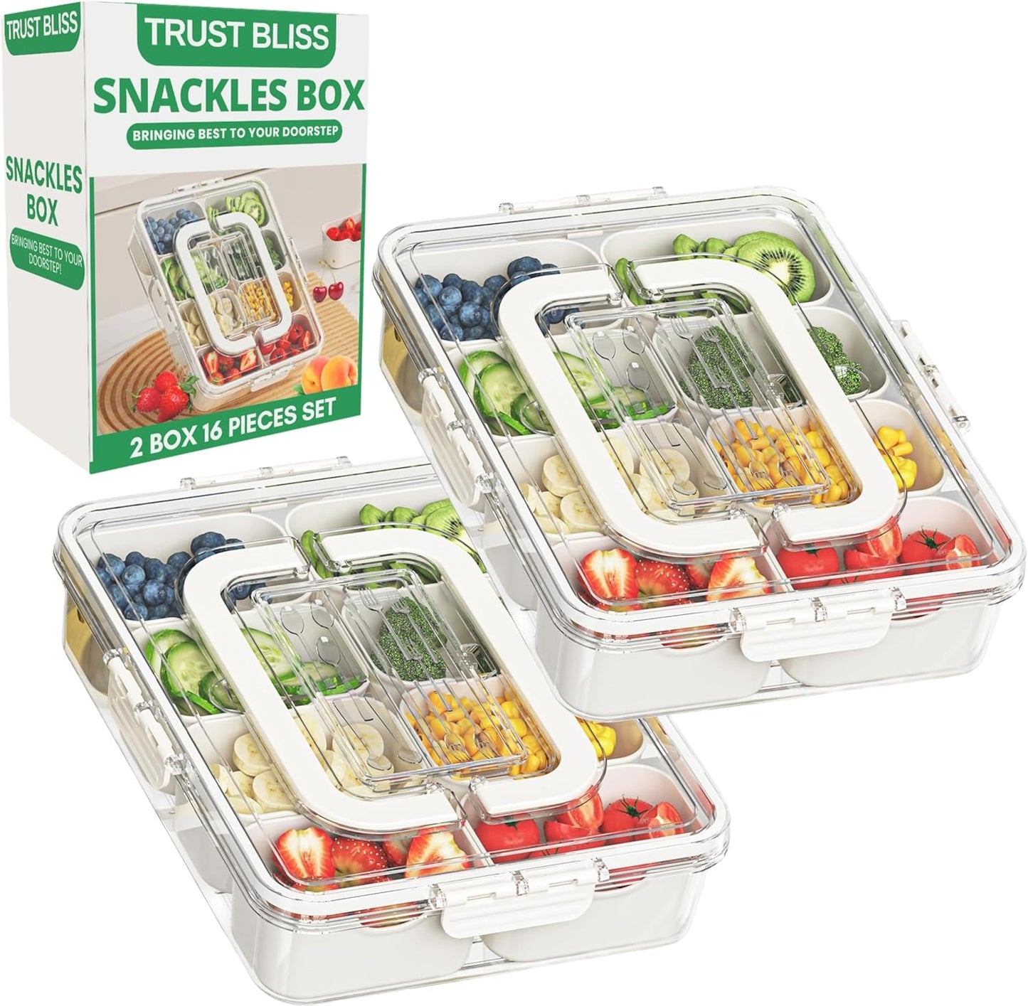 Snackle Box Container 2-Pack with 8 Compartments for Snacks