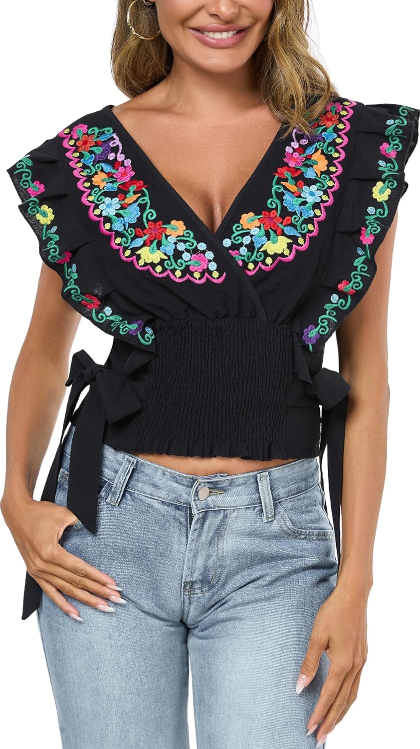 YZXDORWJ Women Mexican Embroidered Off-Shoulder Shirt Top