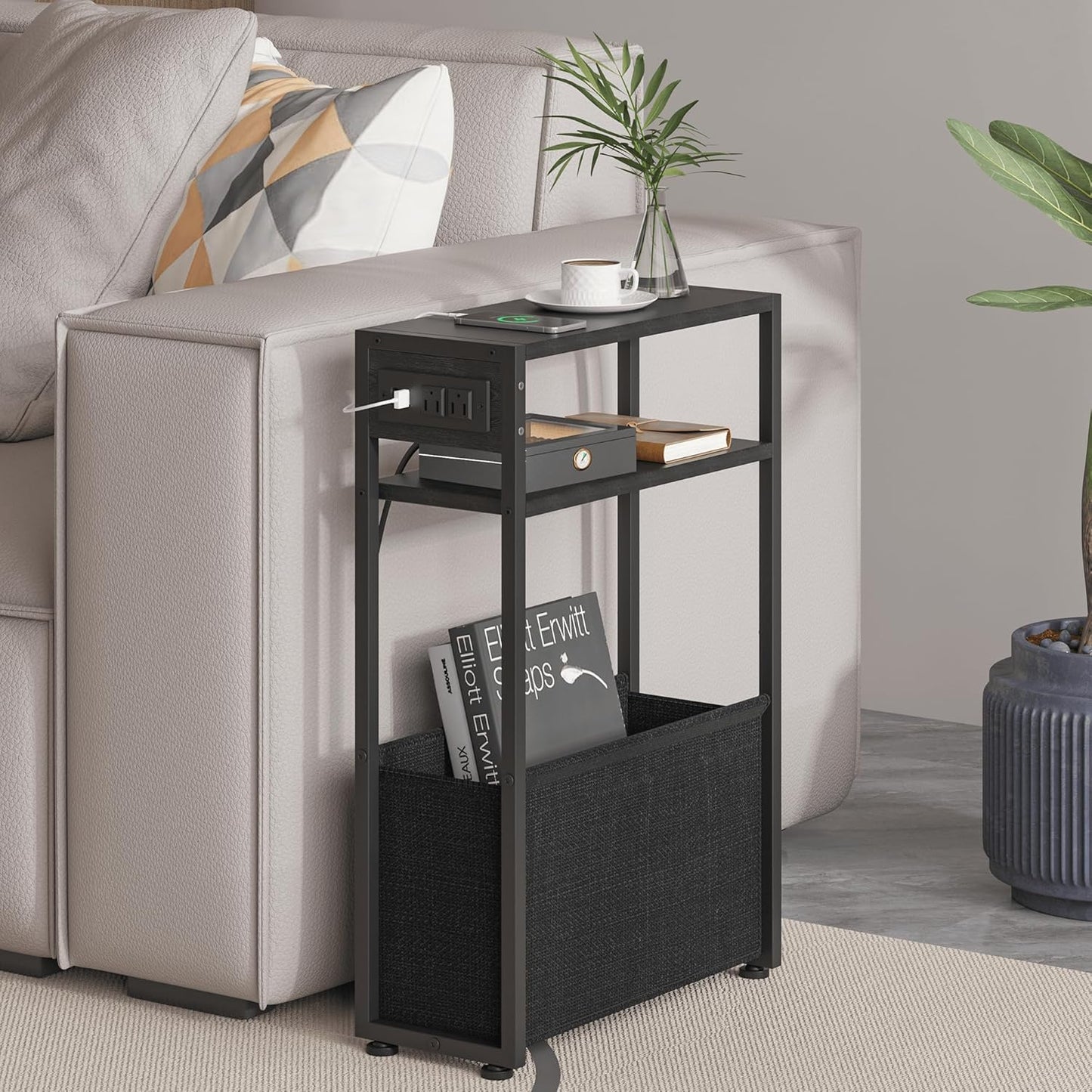 Narrow Side Table with Charging Station for Small Spaces