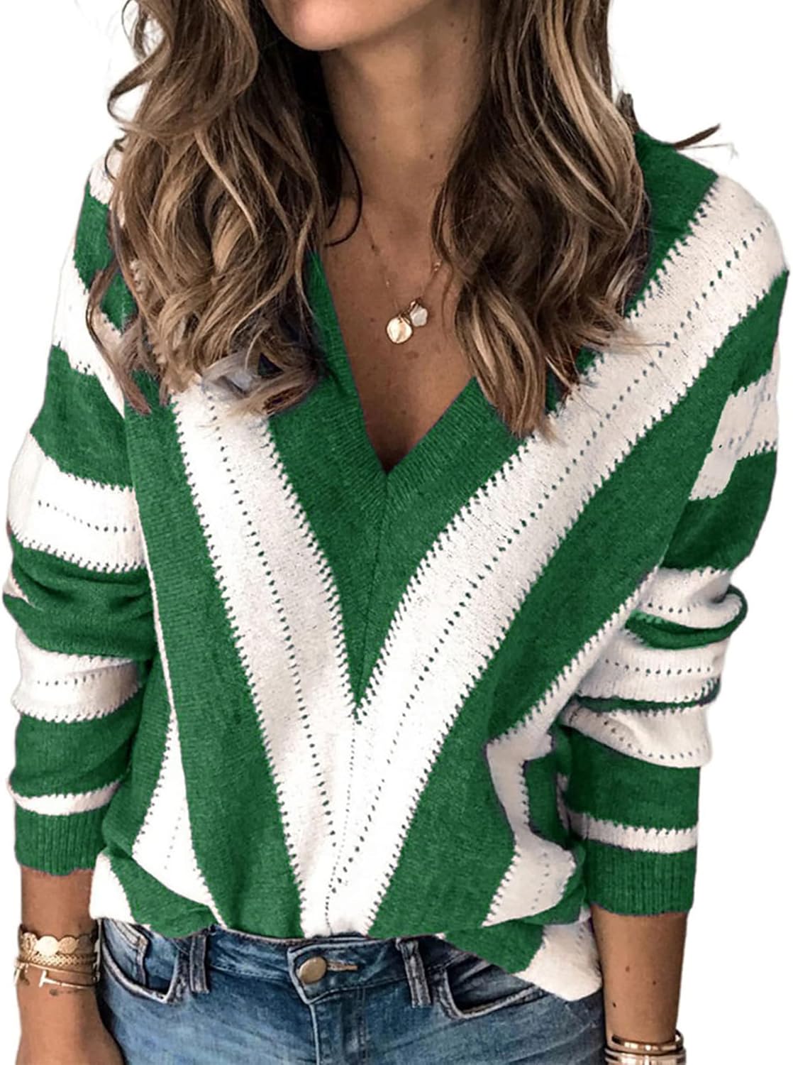 PRETTYGARDEN Long Sleeve Striped Knitted V Neck Pullover Tops