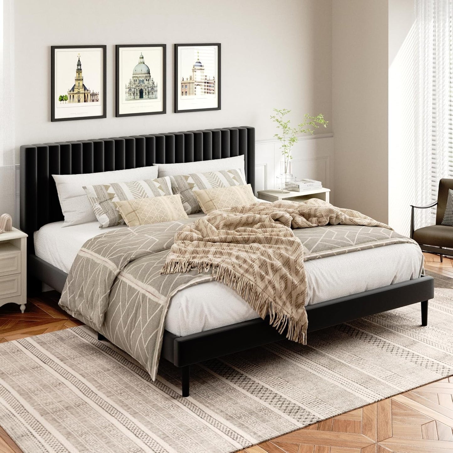 King Size Bed Frame with Velvet Upholstered Headboard for Comfort