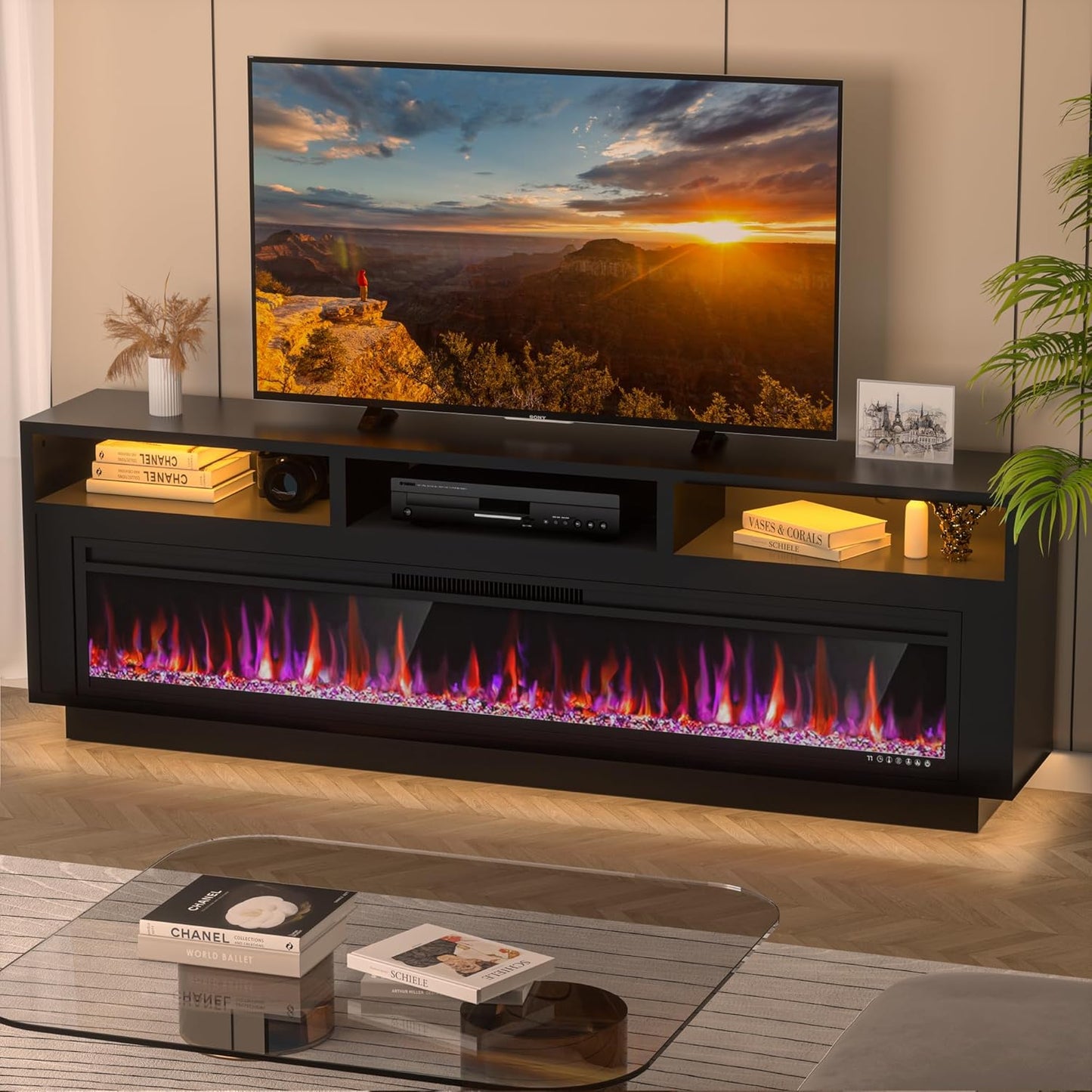 Spurgehom TV Stand w/ 52 Electric Fireplace & Storage - Black
