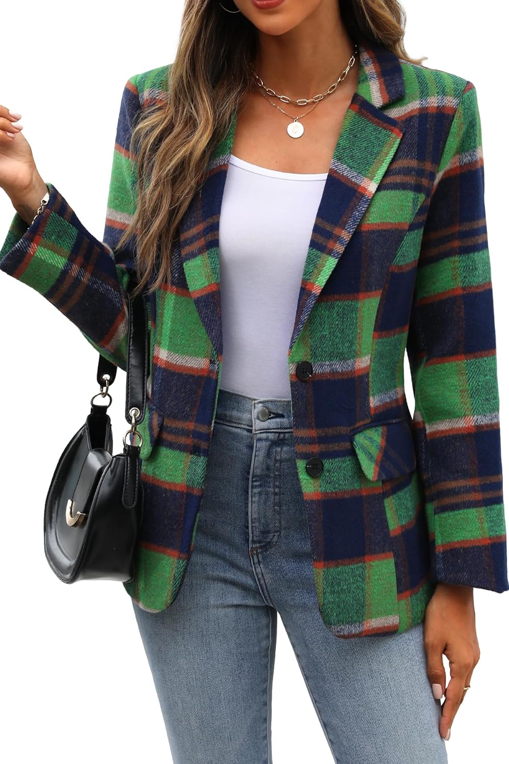 ELLEVEN Women's Lapel Collar Plaid Blazer for Stylish Workwear