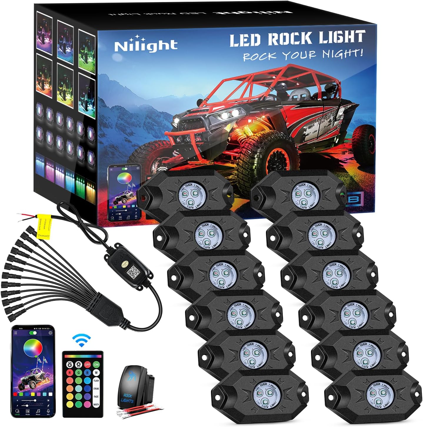 Nilight RGB LED Rock Lights Kit for Trucks and ATVs - 12 Pods
