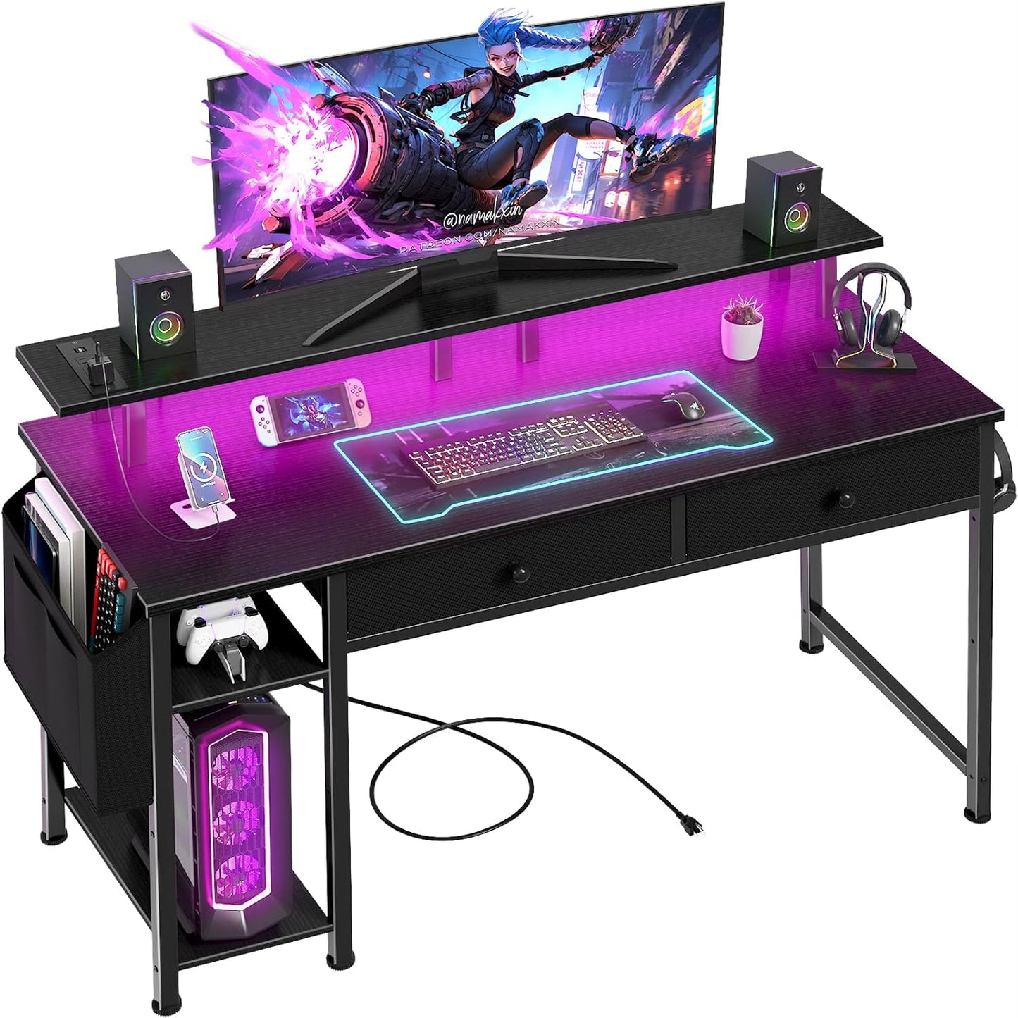 Black Desk with Shelves & Drawers - Gaming Ready