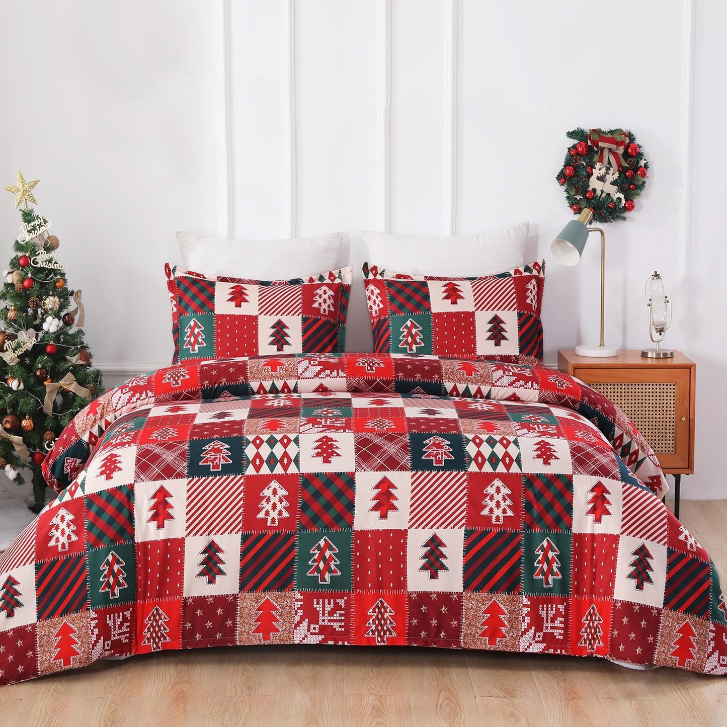 Vaulia Christmas Duvet Cover King with Holiday Plaid Design