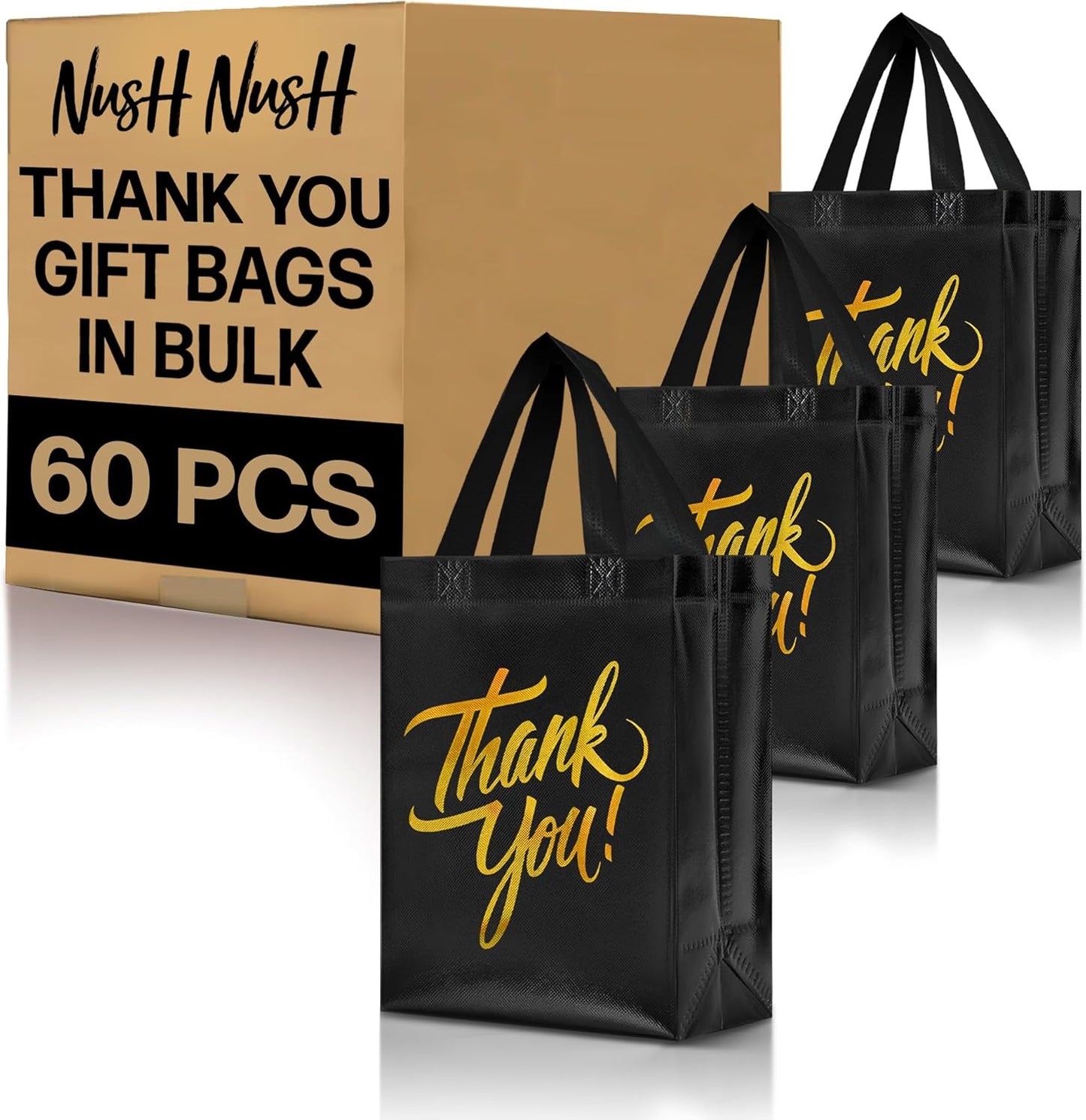 Nush Nush Black Thank You Gift Bags with Holographic Gold Print