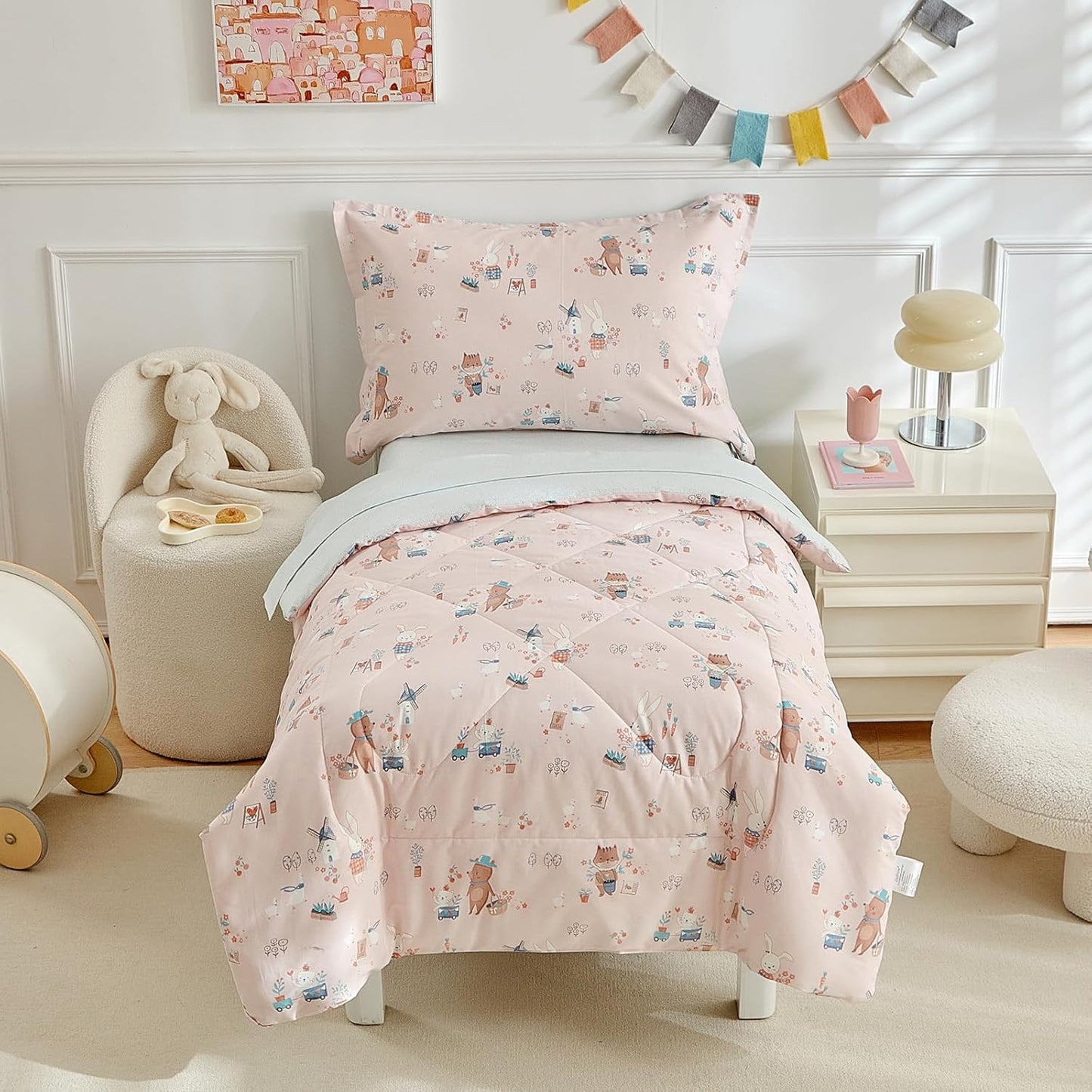 DuShow 4 Piece Cotton Toddler Girl Bedding Set for Cozy Sleep
