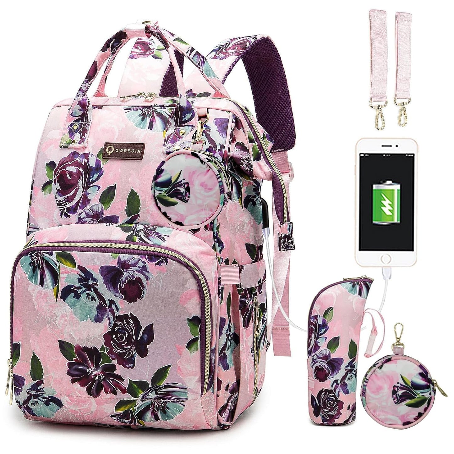 Floral Diaper Bag Backpack with USB Port and Insulated Pocket