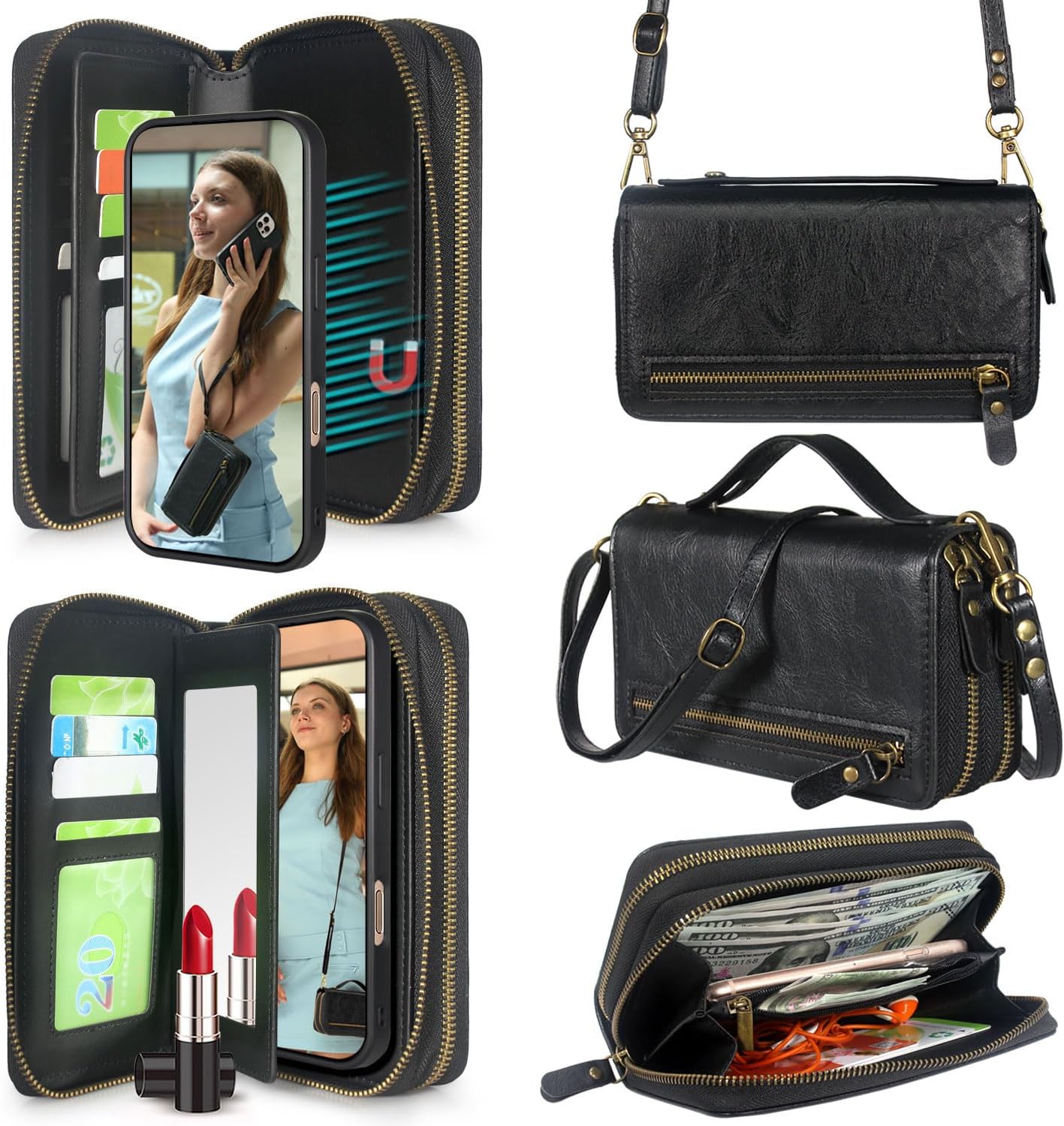 Harryshell iPhone 16 Pro Max Case Wallet with Zipper and Strap