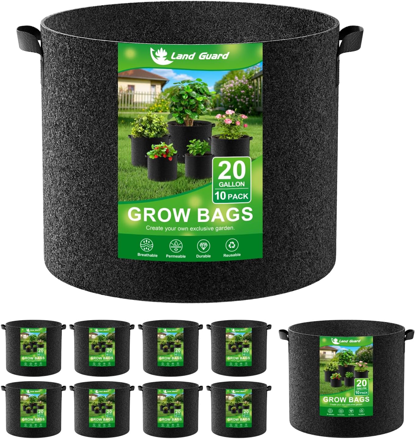 Land Guard 10-Pack 20 Gallon Fabric Grow Bags for Gardening
