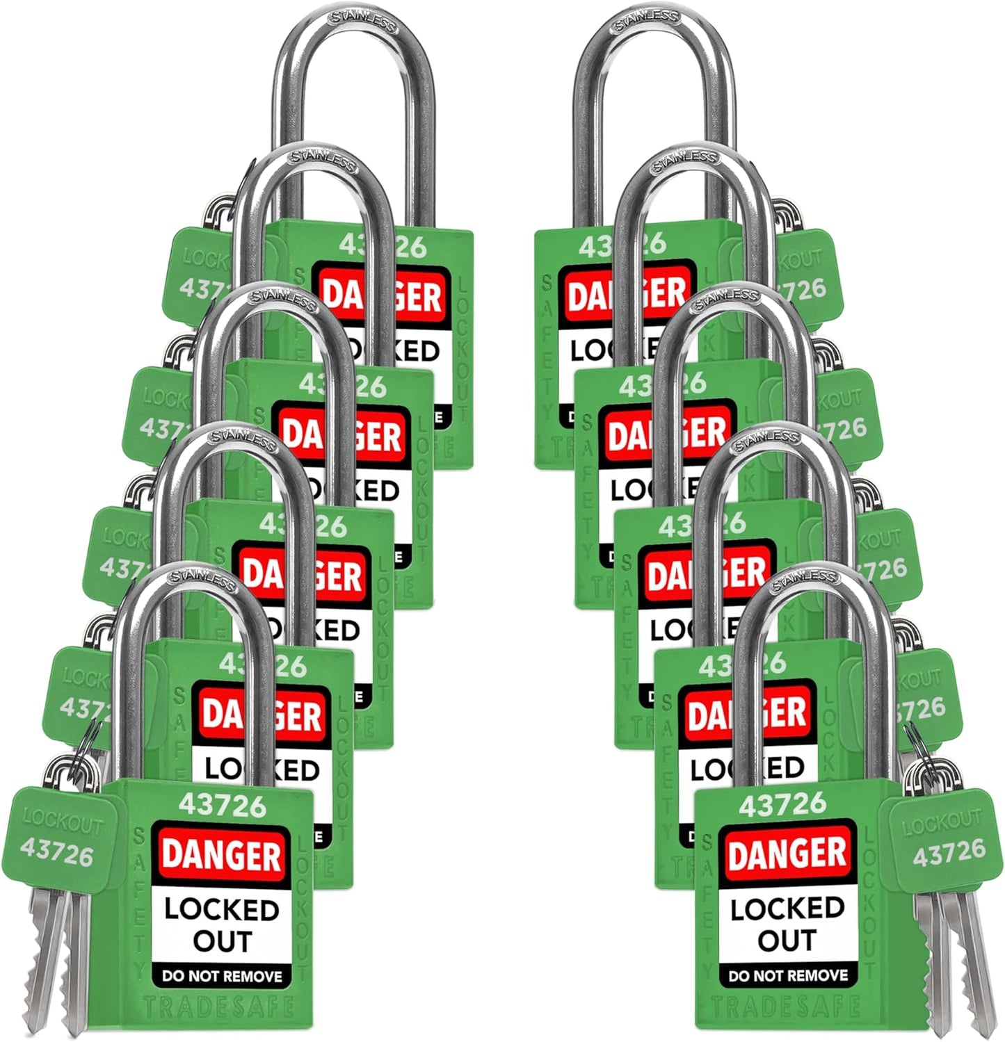TRADESAFE Lockout Tagout Locks Set - 10 Green Keyed Alike Locks
