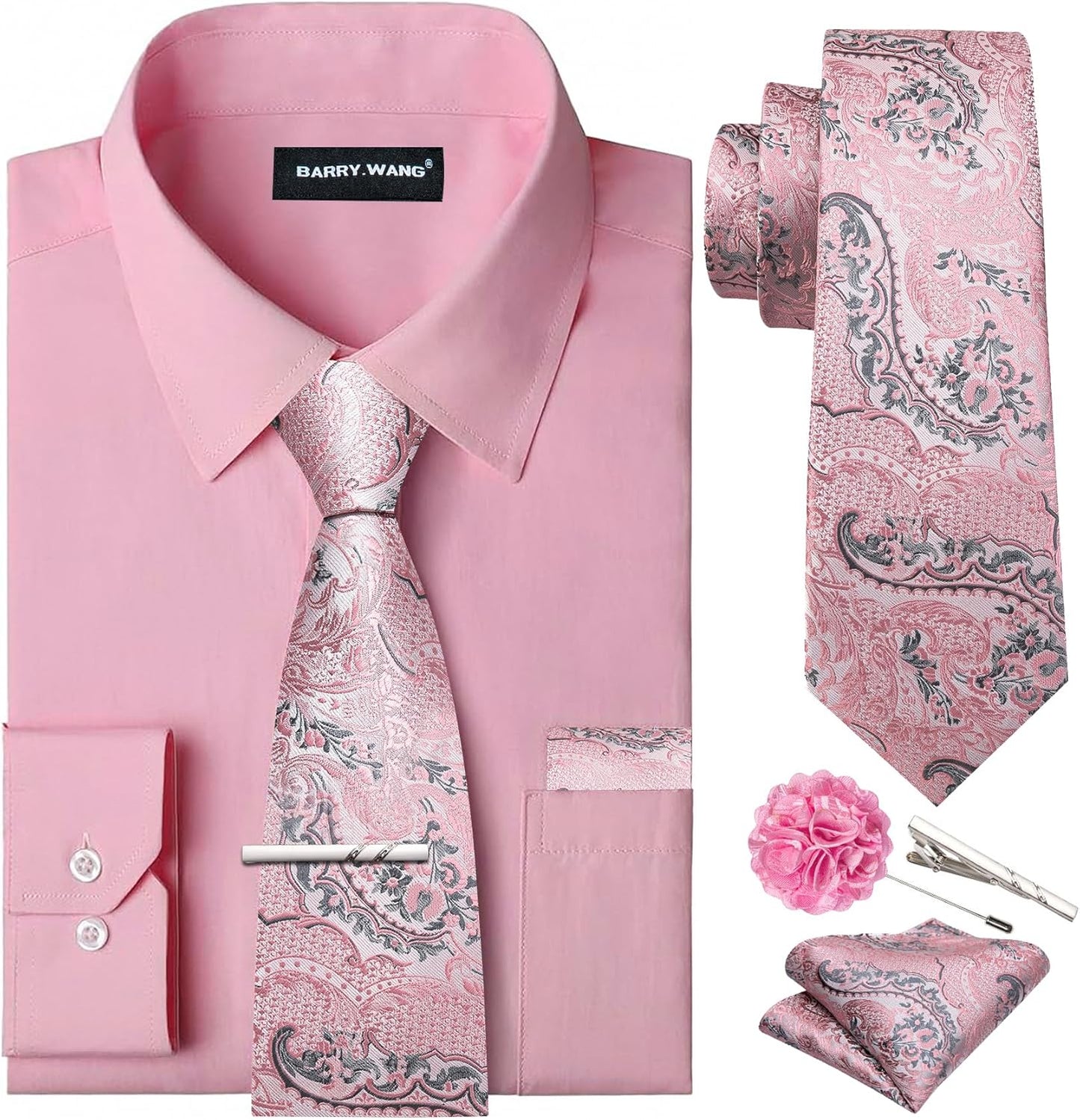 Barry.Wang Solid Colors Mens Dress Shirt and Tie Set for All Occasions