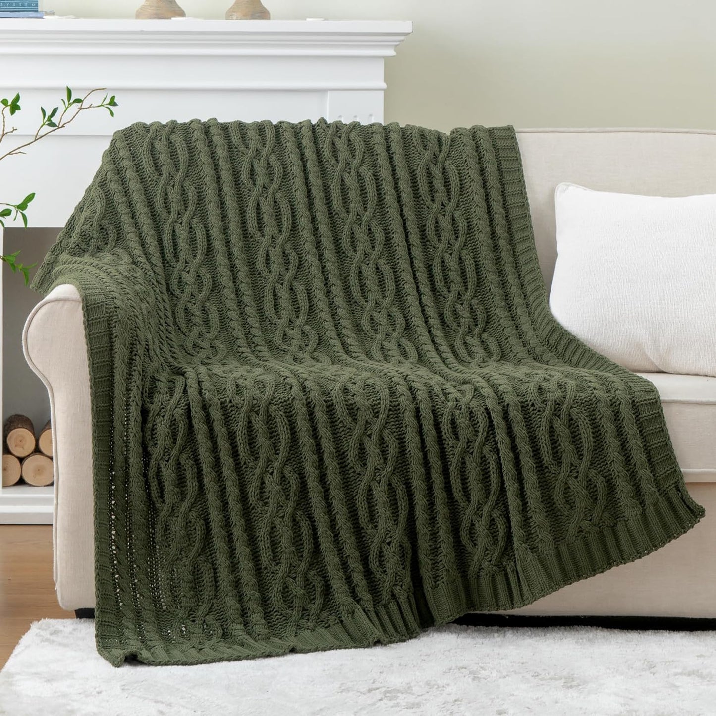 Battilo Olive Green Chunky Cable Knit Throw Blanket for Cozy Living