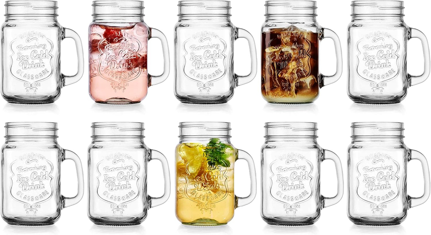 Set of 10 Ice Cold 16 Oz Mason Drinking Glasses with Handles