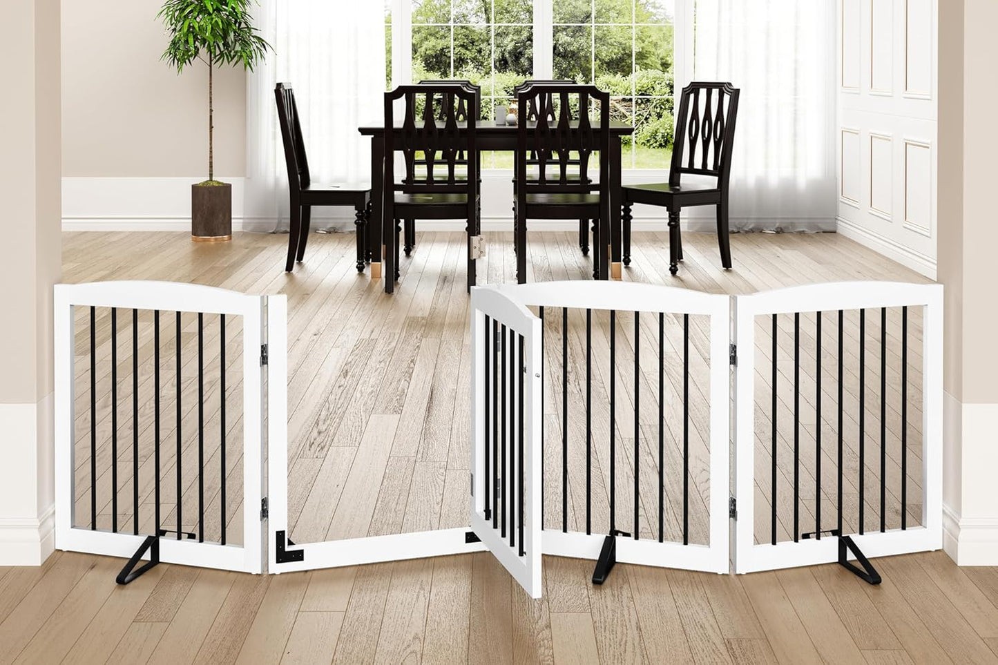 Freestanding Dog Gate with Door for Stairs and Indoor Use