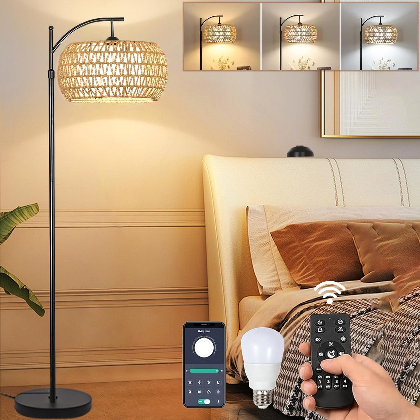 Arc Rattan Floor Lamp with Remote & Dimmable Bulb for Home