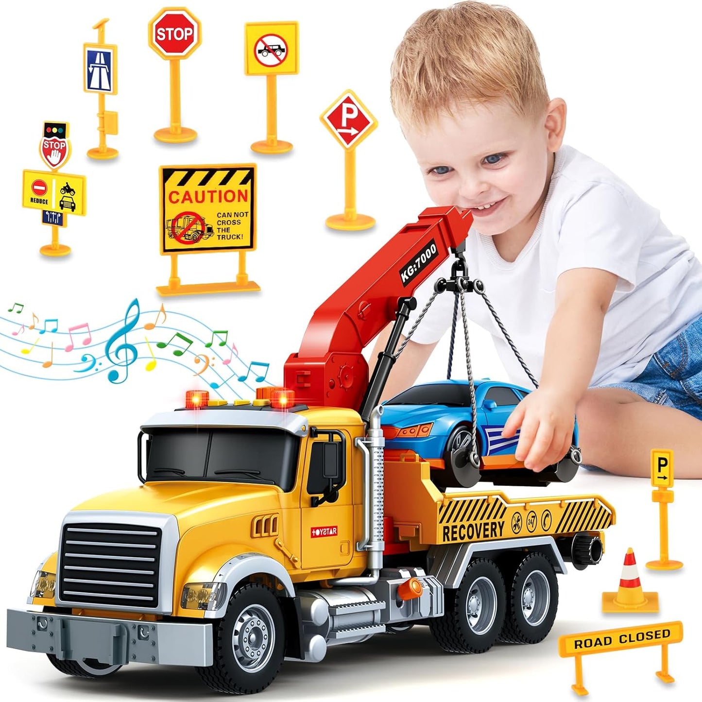 15in Large Tow Truck Toy for Boys with Racing Car & Traffic Signs