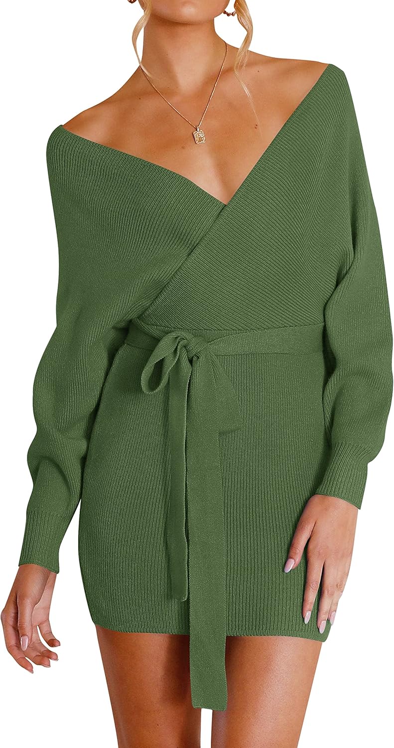 ZESICA Women's Fall Long Batwing Sleeve Wrap V Neck Dress