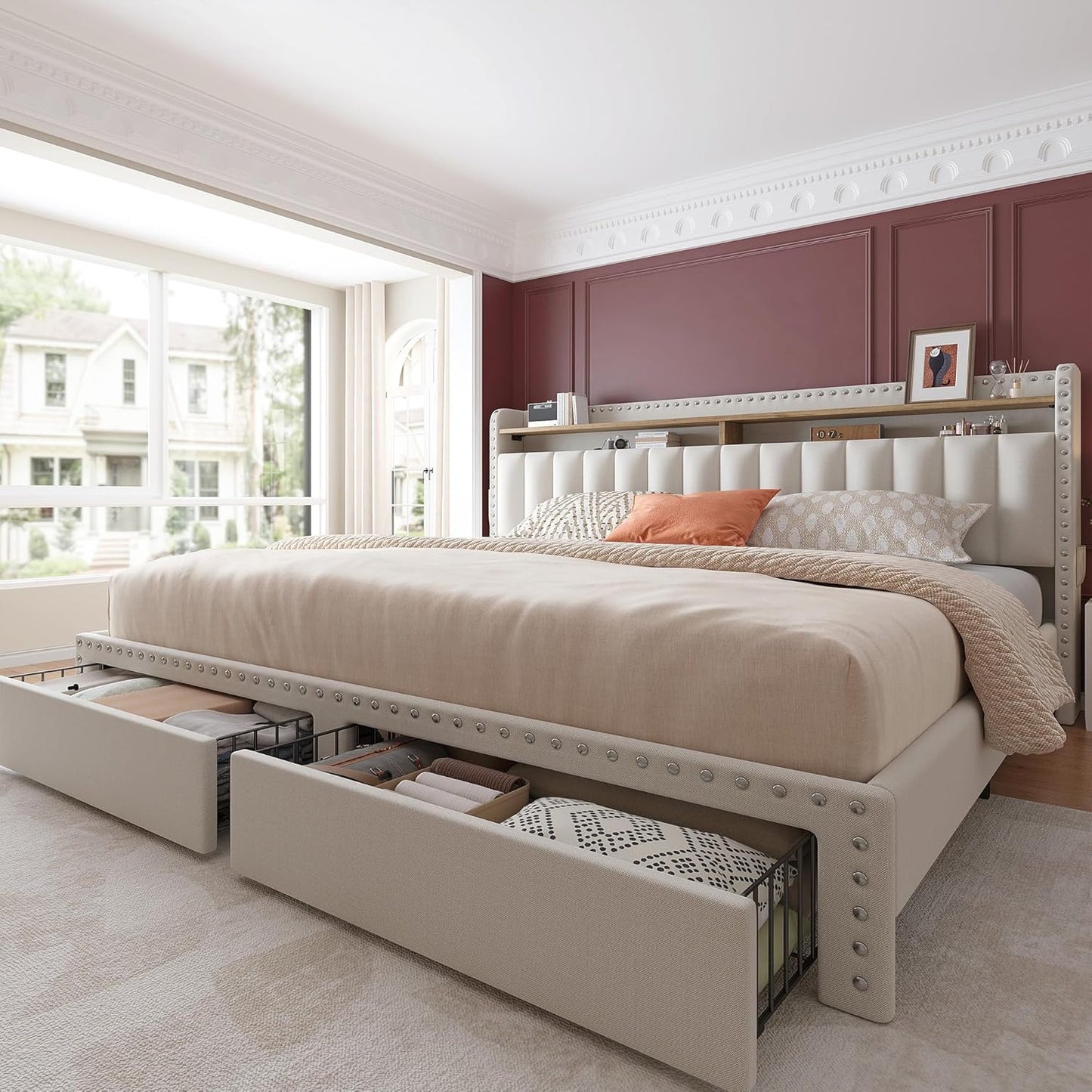 EnHomee King Size Bed Frame with Storage and Upholstered Headboard