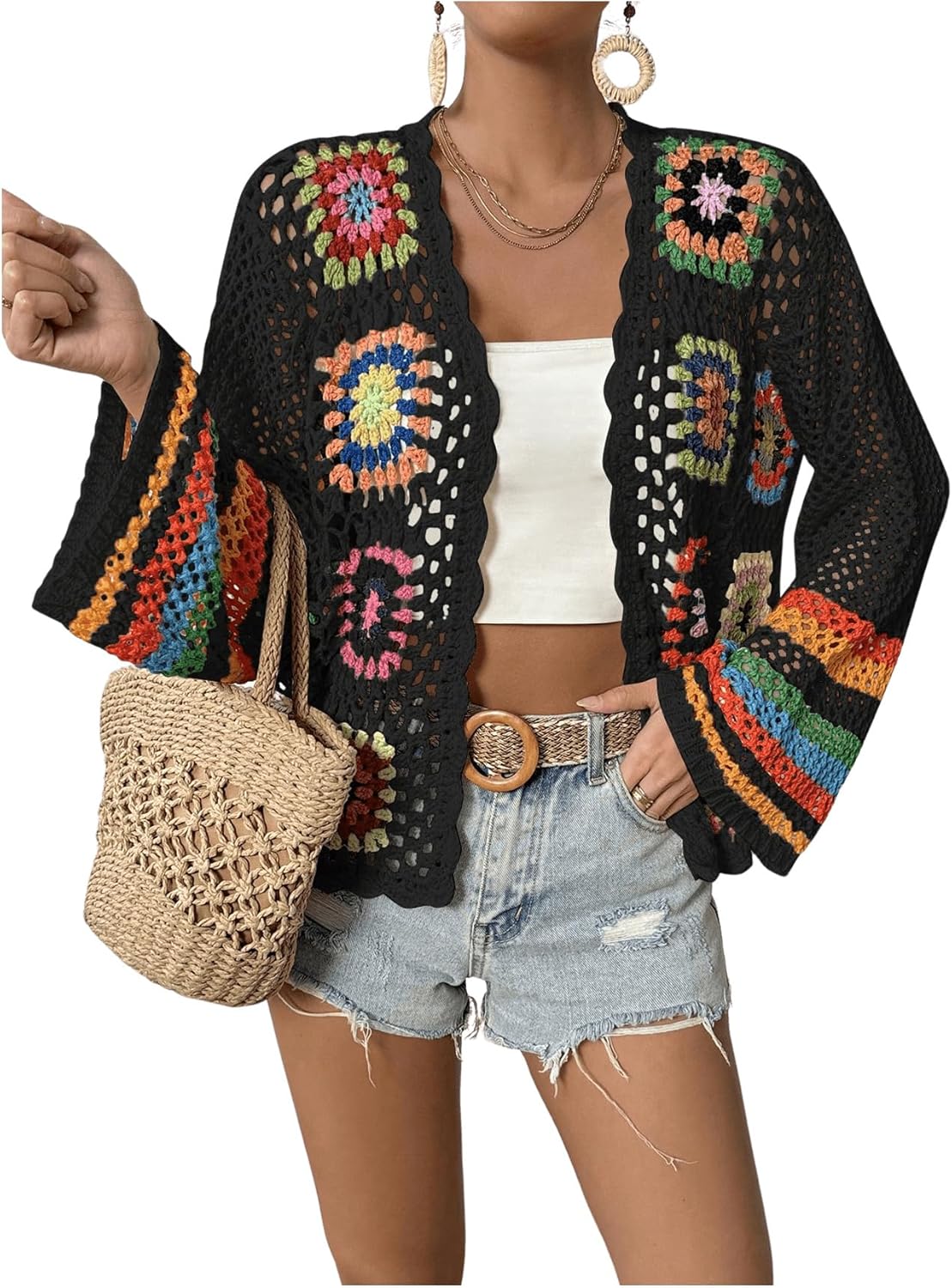 Floral Crochet Cardigan for Women - Lightweight Open Front Style