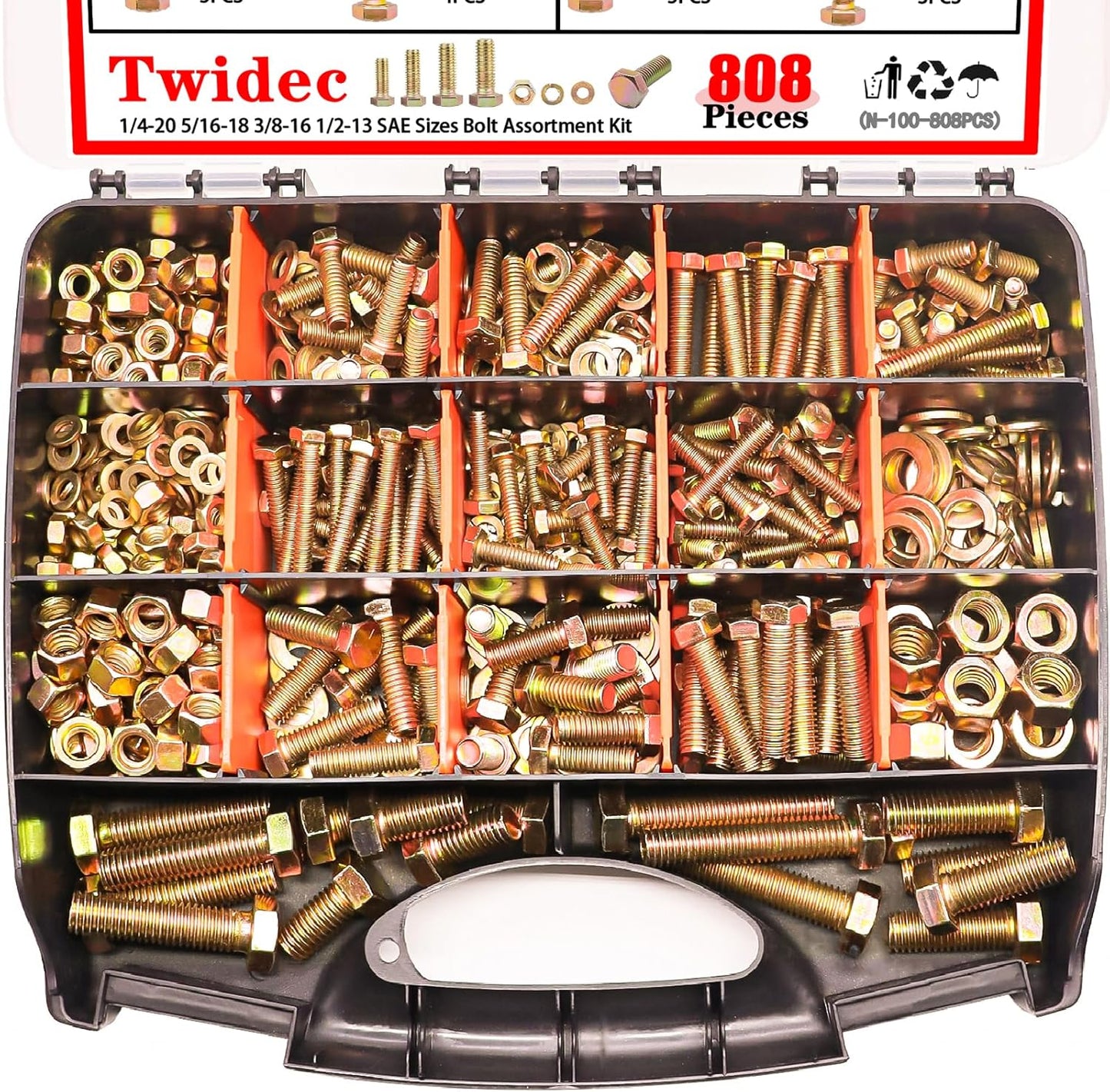 Twidec 808pcs Grade 8.8 Hex Head Nuts and Bolts Assortment Kit
