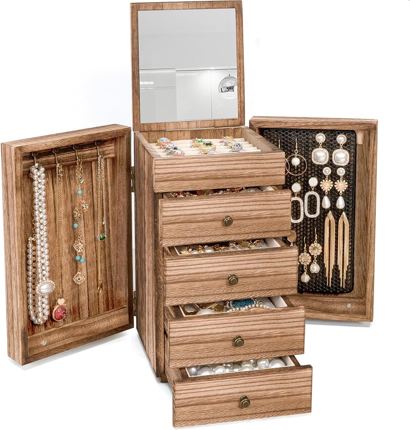 Elegant 5-Layer Jewelry Box Organizer with Mirror & Drawers