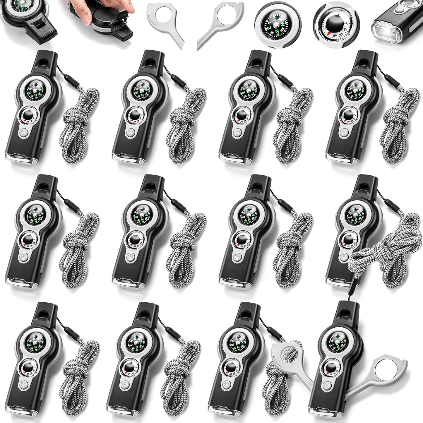 Arrowbash 12 Pack 7-in-1 Safety Whistle Set