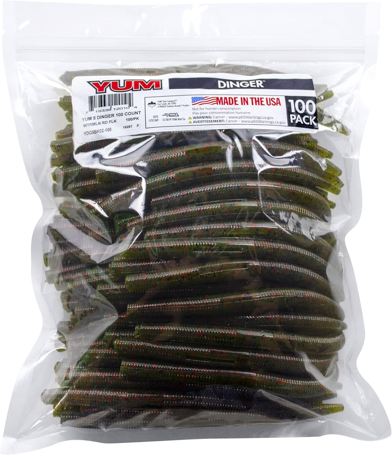 YUM Dinger Classic Bass Fishing Lure 100 Pack - All-Purpose 5 Inch Worm