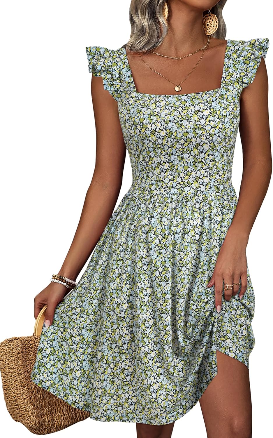 Loemes Summer Casual Floral Flowy Square Neck Sundress for Women