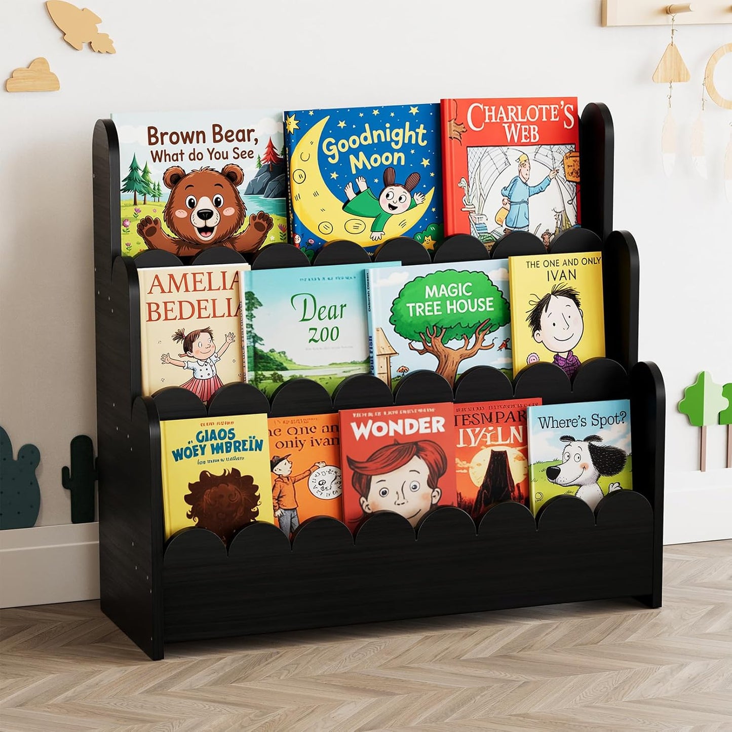 SpaceAid 3-Tier Scalloped Bookshelf for Kids Rooms and Playrooms