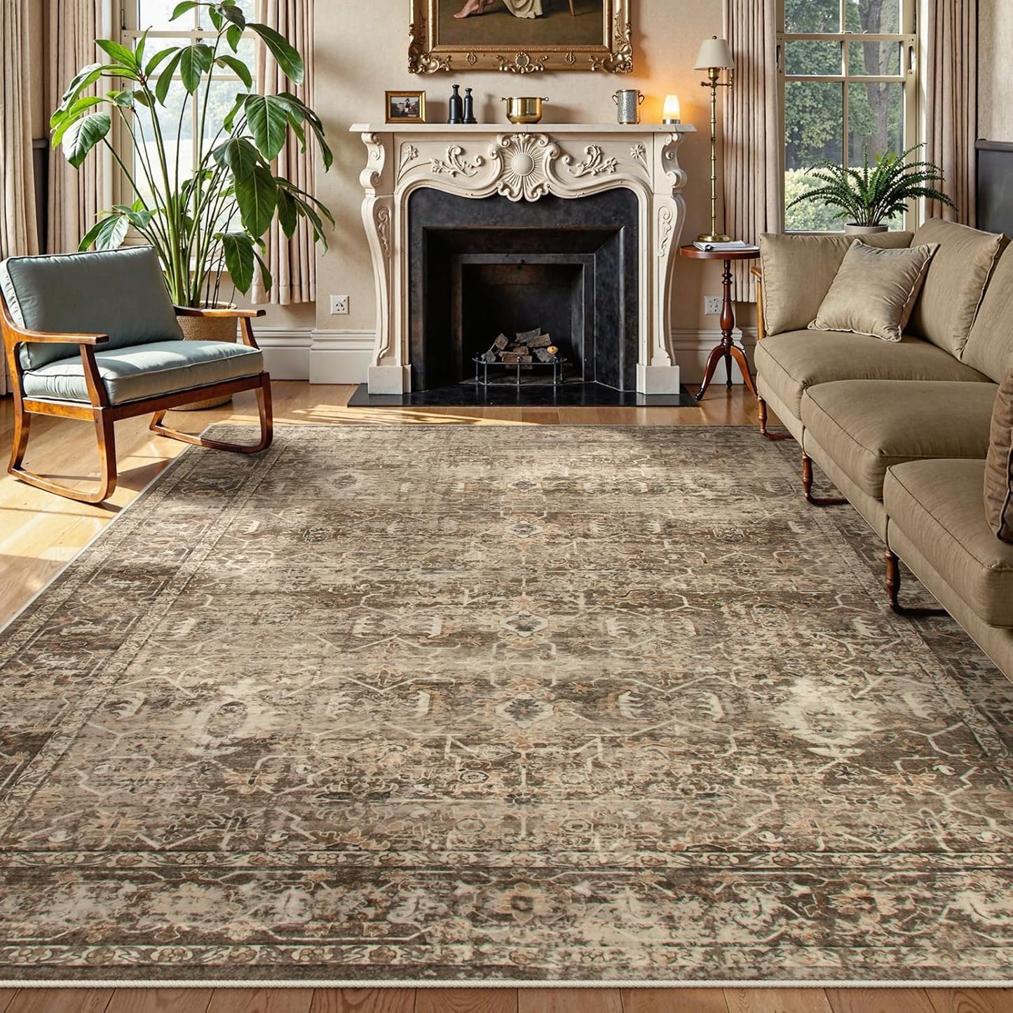 Lahome Vintage 8x10 Washable Brown Rugs for Cozy Living Spaces