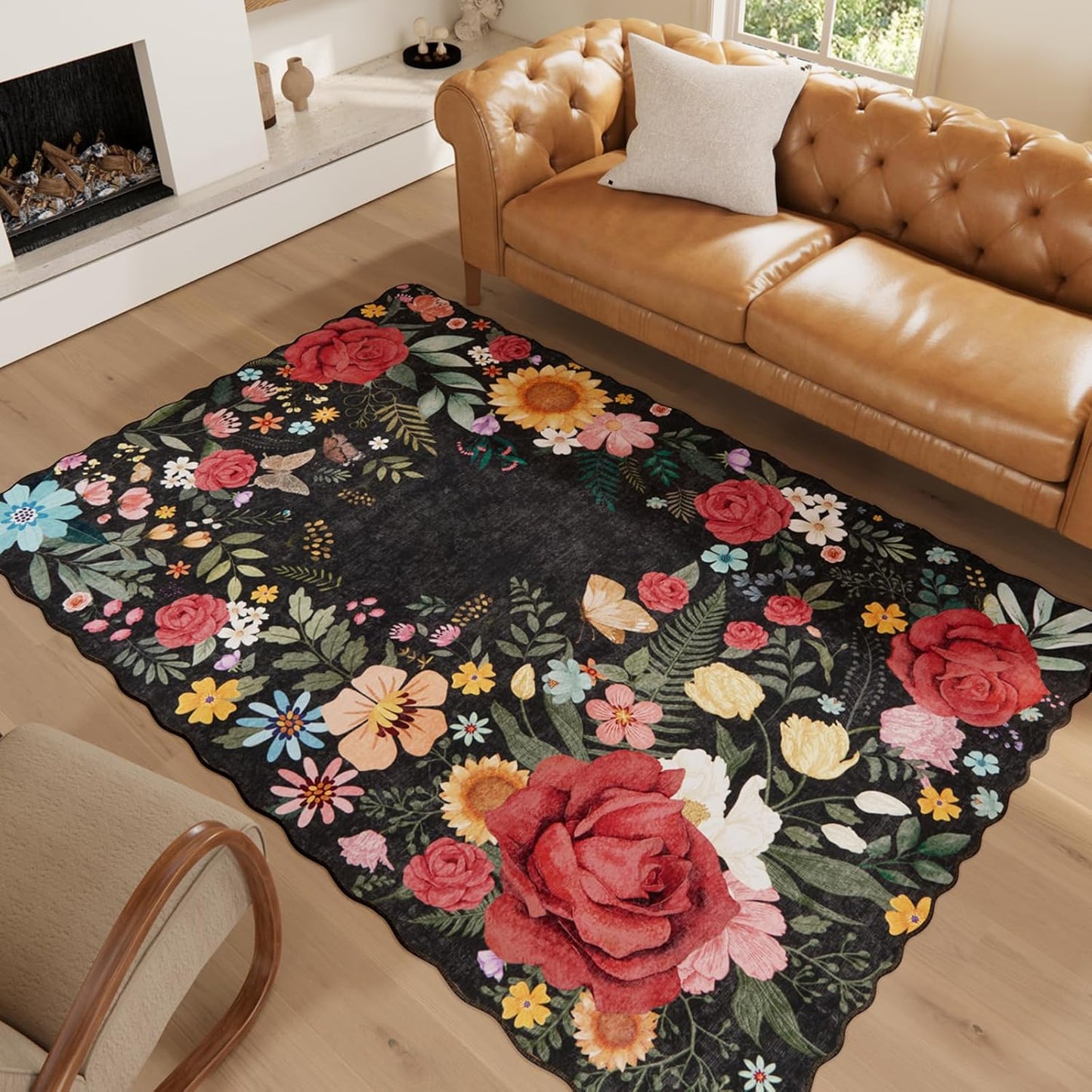 Washable Floral Area Rugs for Living Room, 5ftx7ft Soft Rug
